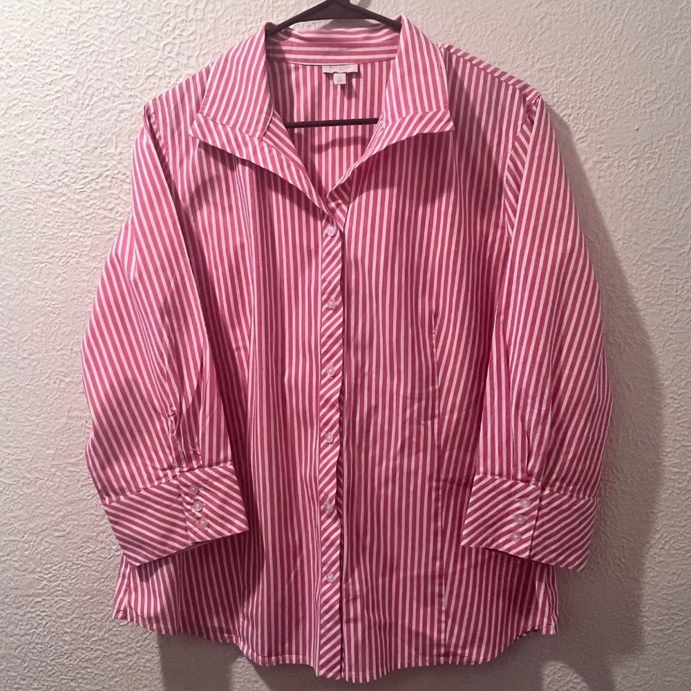 Talbots Womens button down Blouse, Pink and White Striped Collard top Size 16‎